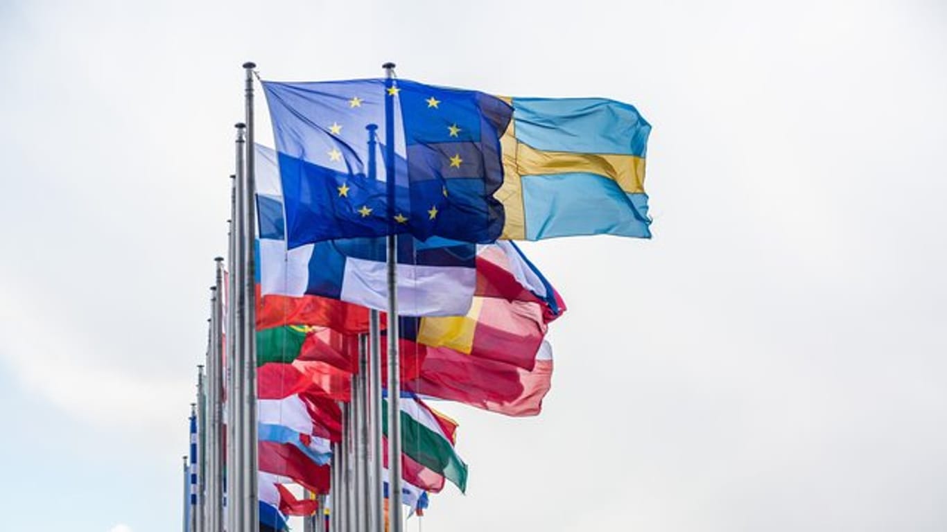 Vor dem Gebäude des Europäischen Parlaments in Straßburg wehen die Flaggen der EU-Mitgliedsstaaten.