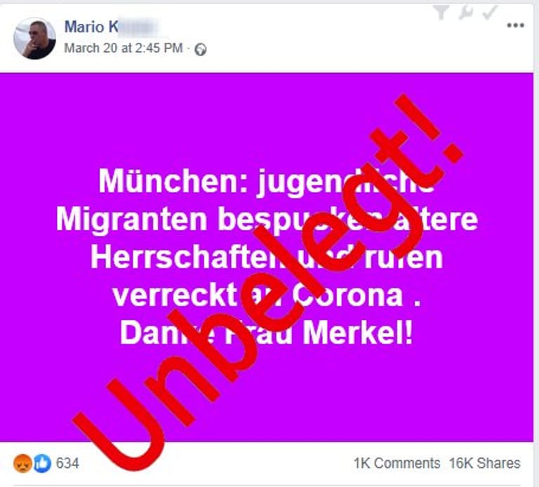 16.000 mal geteilt: Auf Facebook behauptet jemand, in München würden "migrantische Jugendliche" ältere Menschen bespucken und ihnen den Corona-Tod wünschen. Die Polizei München kennt keinen deratigen Fall.