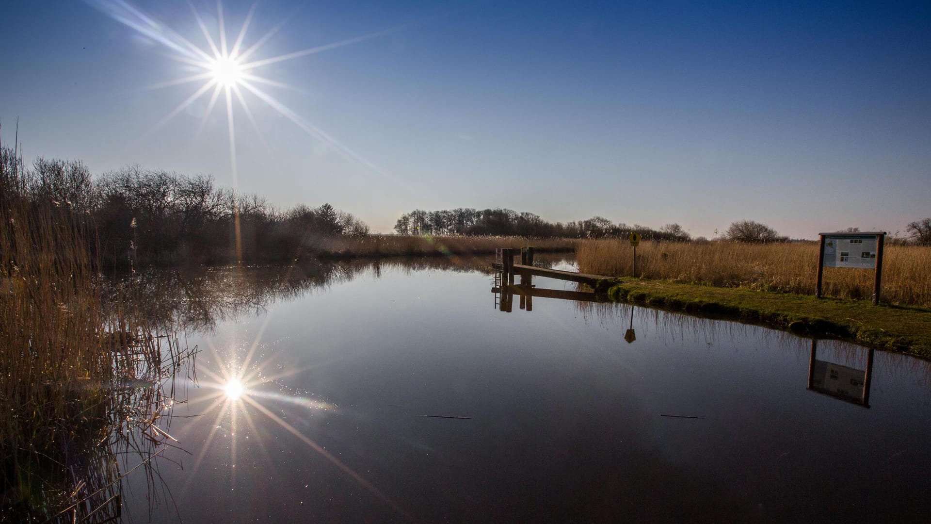 Sonniges Wetter in Schleswig-Holstein: Die Sonne spiegelt sich im Wasser an einer Badestelle.