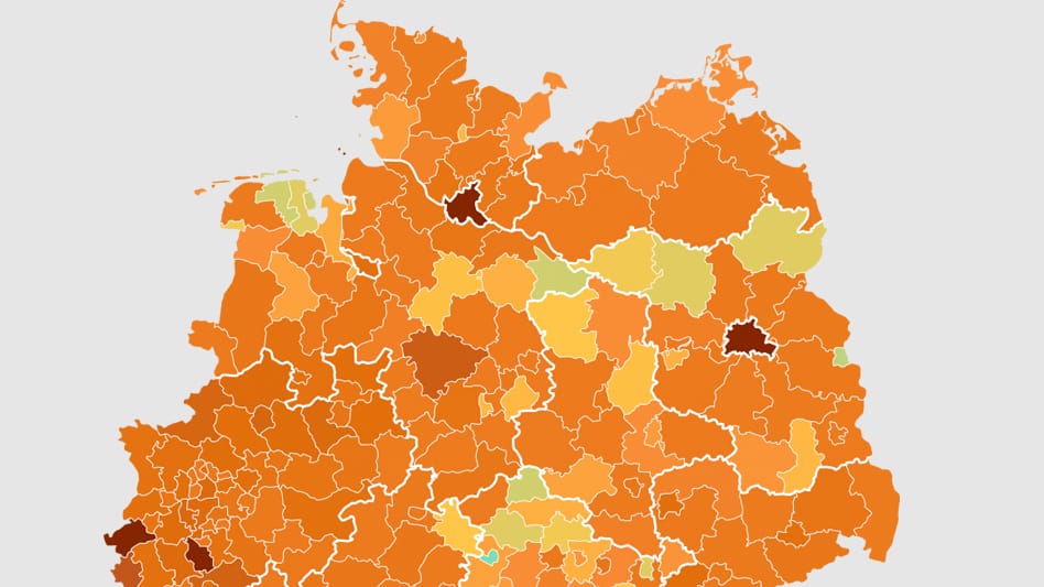 Im Überblick: So verteilen sich die Infektionen mit dem Coronavirus auf die einzelnen Landkreise in Deutschland.