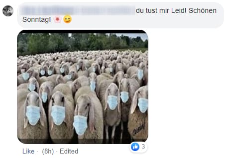 Schafe mit Mundschutz: Damit wird gespottet über Kritiker an der Petition. Selbst in den Verschwörungsgruppen auf Facebook überwiegt aber Unverständnis für die Forderung, alle Schutzmaßnahmen aufzuheben.
