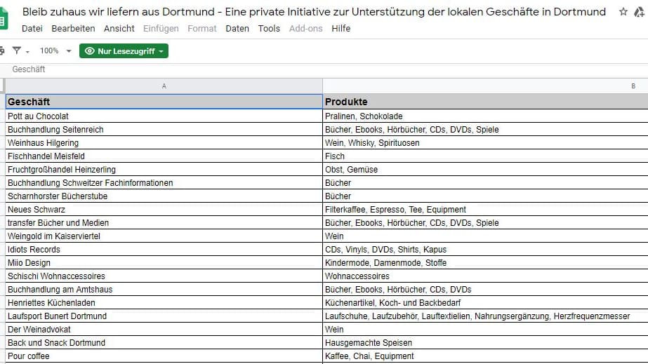Ein Auszug aus der Liste: Links stehen die Geschäfte, rechts folgen weitere Informationen zu Produkten.
