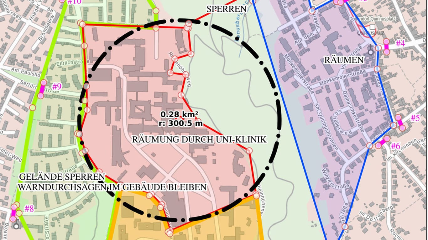 Karte des Evakuierungsbereiches: Im Umkreis von etwa 500 Metern wird das Gelände geräumt.