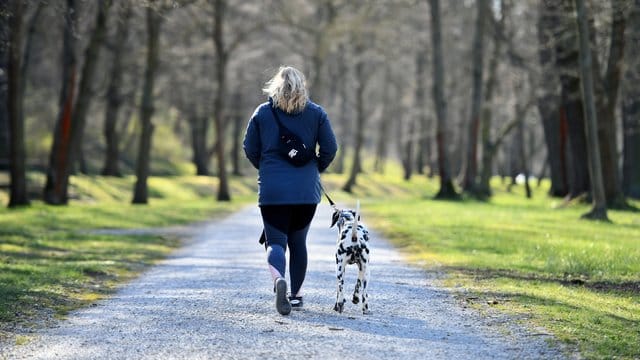 Eine Frau geht im thüringischen Sondershausen mit einem Hund im Park spazieren.