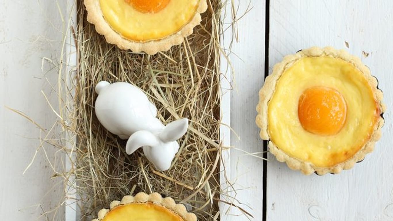 Die kleinen Käsekuchen in Tartelette-Förmchen bekommen als Krönung halbe Aprikosen draufgesetzt und symbolisieren das Gelbe vom Ei.
