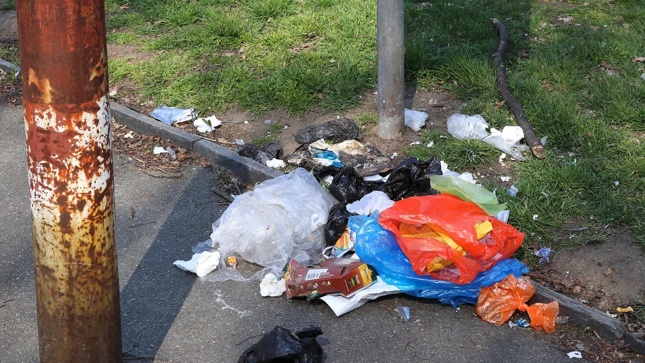 Ein überfüllter Mülleimer in einem Park: Für die meisten Mülleimer in Grünanlagen sind die Grünflächenämter zuständig. Meist verschwindet der Müll nach ein paar Tagen wieder.