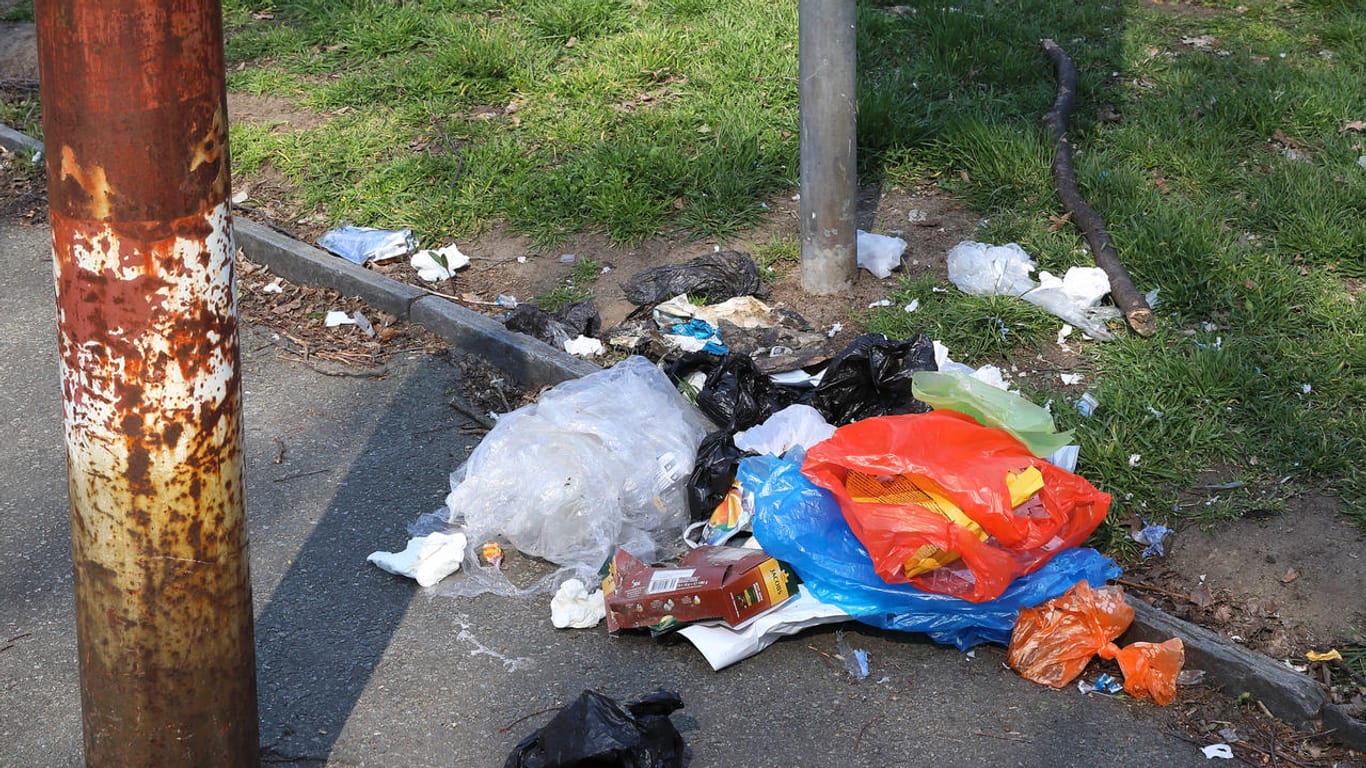 Ein überfüllter Mülleimer in einem Park: Für die meisten Mülleimer in Grünanlagen sind die Grünflächenämter zuständig. Meist verschwindet der Müll nach ein paar Tagen wieder.