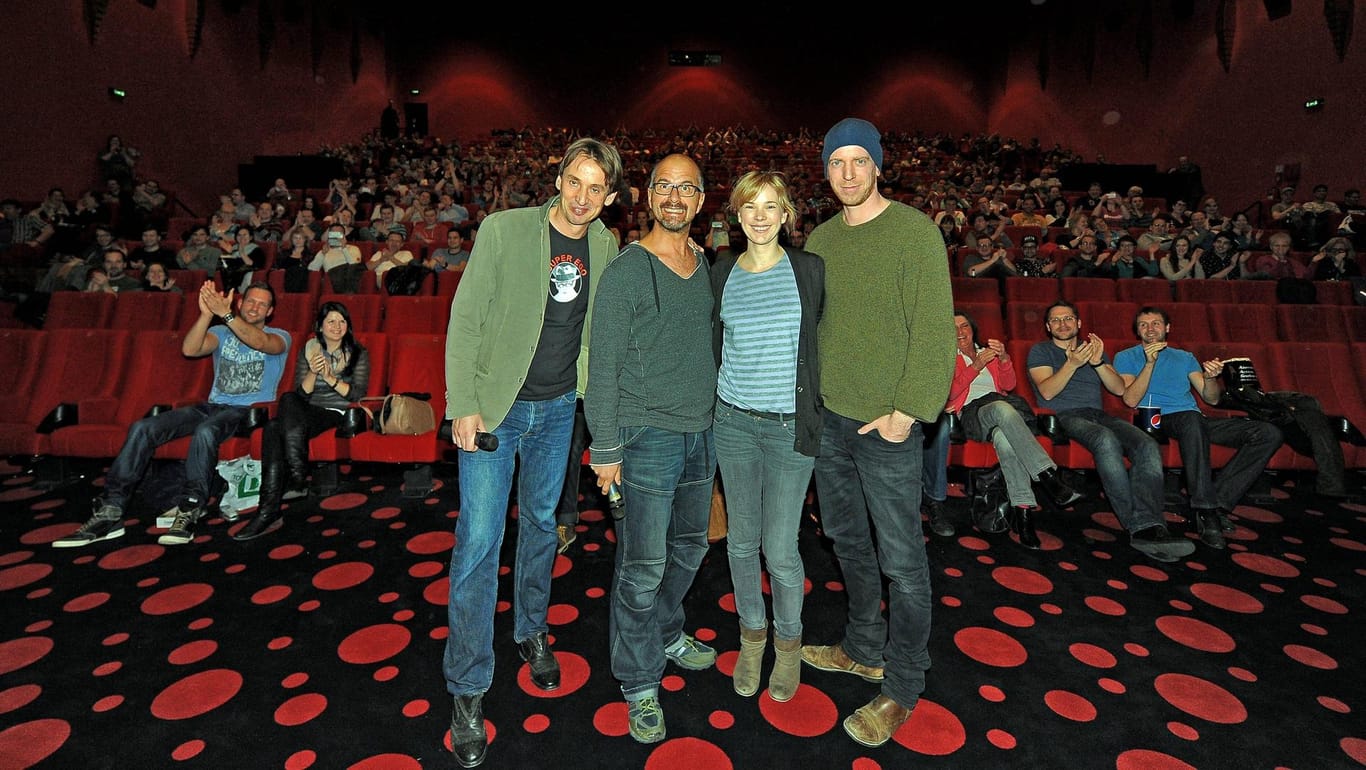 Kino-Tour für "Stromberg – der Film": Ralf Husmann, Christoph Maria Herbst, Milena Dreißig und Regisseur Arne Feldhusen.