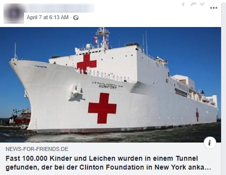 Sanitätsschiff der Marine: In der Verschwörungswelt ist es im Hafen von New York für die Kinder, die mit Leichen in einem Tunnel gefunden wurden. Der absurde Artikel ist eine Übersetzung aus einem US-Blog.
