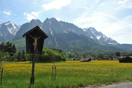 Eine Wiese mit dem Wettersteingebirge, einer Gebirgsgruppe der Nördlichen Kalkalpen in den Ostalpen.