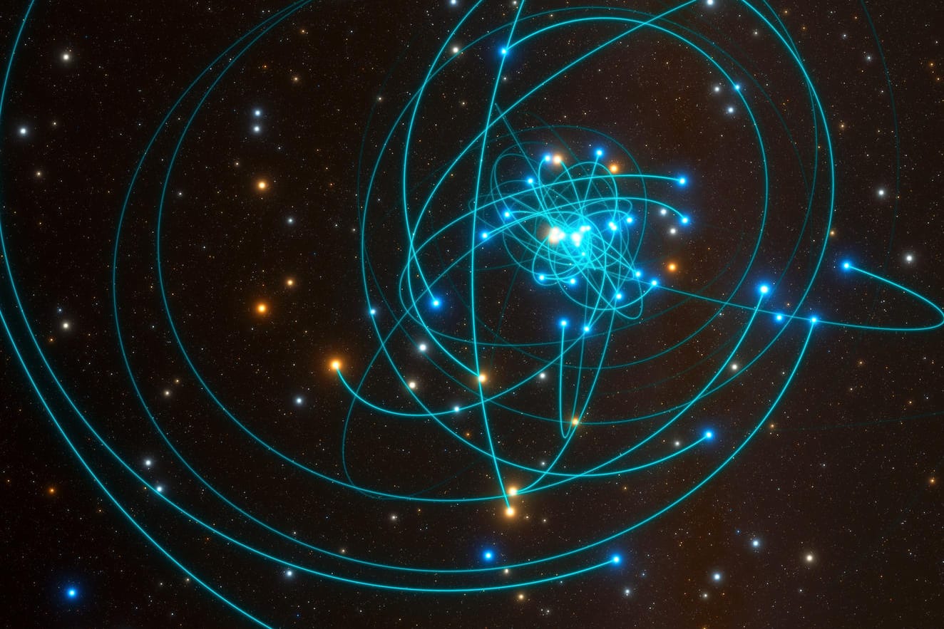 Die Simulation der Bewegung von Sternen um das Schwarze Loch in der Milchstraße: Messungen bestätigen Einsteins Annahmen der Relativitätstheorie.