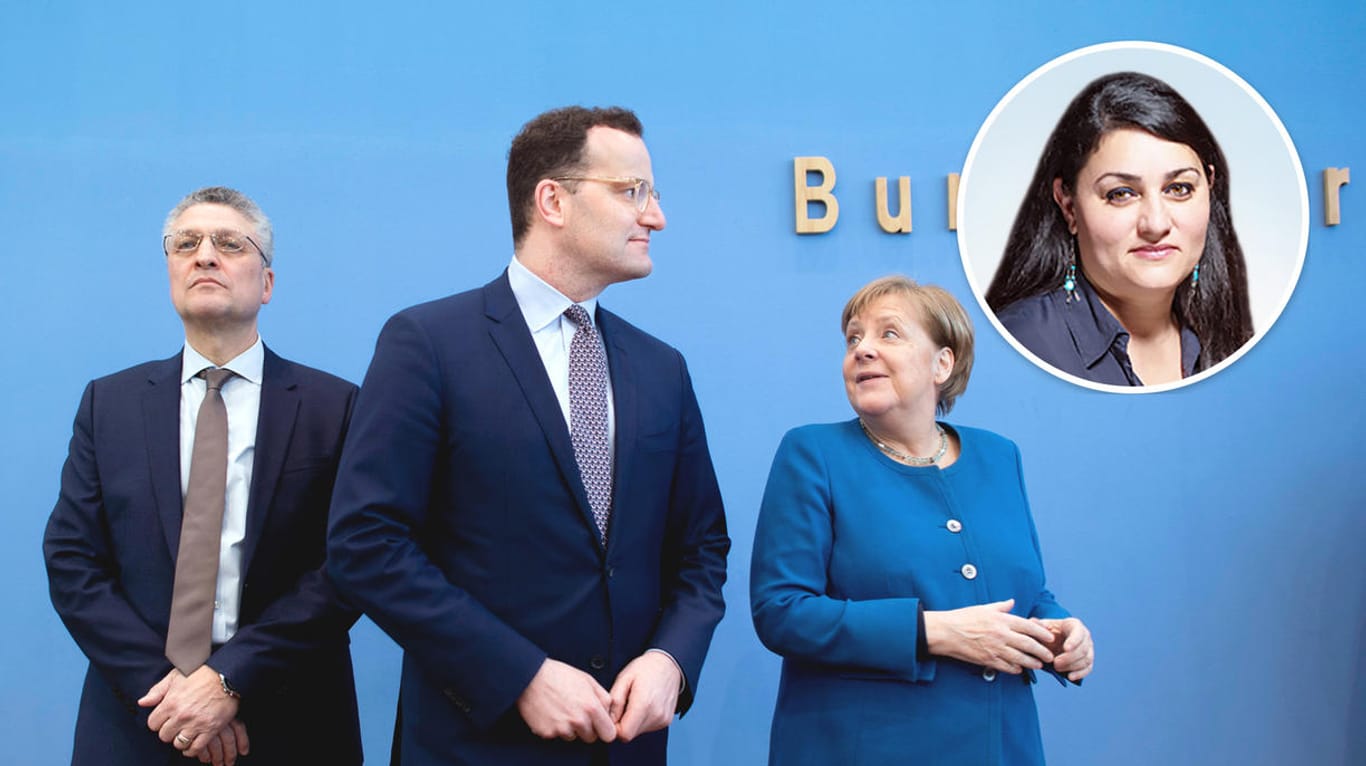 RKI-Chef Lothar Wieler mit Gesundheitsminister Jens Spahn und Kanzlerin Angela Merkel (Archivbild vom 11. März): Die Politik sollte bei ihren Entscheidungen zur Corona-Krise nicht blind den Wissenschaftlern vertrauen, findet t-online.de-Kolumnistin Lamya Kaddor.