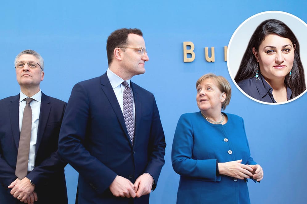 RKI-Chef Lothar Wieler mit Gesundheitsminister Jens Spahn und Kanzlerin Angela Merkel (Archivbild vom 11. März): Die Politik sollte bei ihren Entscheidungen zur Corona-Krise nicht blind den Wissenschaftlern vertrauen, findet t-online.de-Kolumnistin Lamya Kaddor.