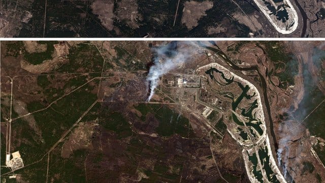 Rauchwolken eines Waldbrands in der Sperrzone um das stillgelegte Atomkraftwerk Tschernobyl (Aufnahme vom 13. Rauchwolken eines Waldbrands in der Sperrzone um das stillgelegte Atomkraftwerk Tschernobyl (Aufnahme vom 13.