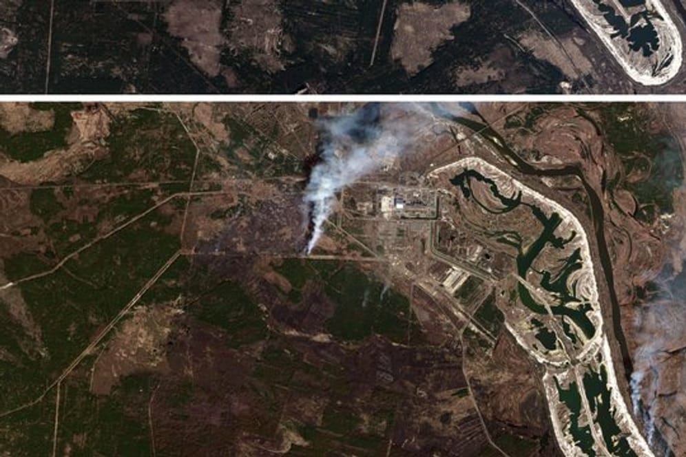 Rauchwolken eines Waldbrands in der Sperrzone um das stillgelegte Atomkraftwerk Tschernobyl (Aufnahme vom 13.