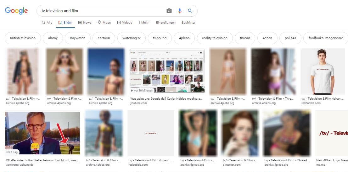 Googles Suchergebnisse für "tv television and film": Es tauchen Fotos auf, die in einem 4chan-Board mit genau diesem Namen hochgeladen wurden. Aus Sicht der Software sind die Bilder von Kindern in Bikinis deshalb die besten Treffer.