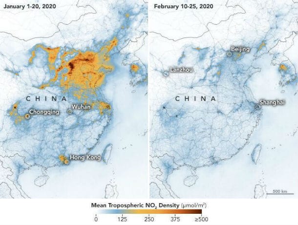 Entwicklung der Stickstoffdioxid-Verbreitung in China im Januar und im Februar.