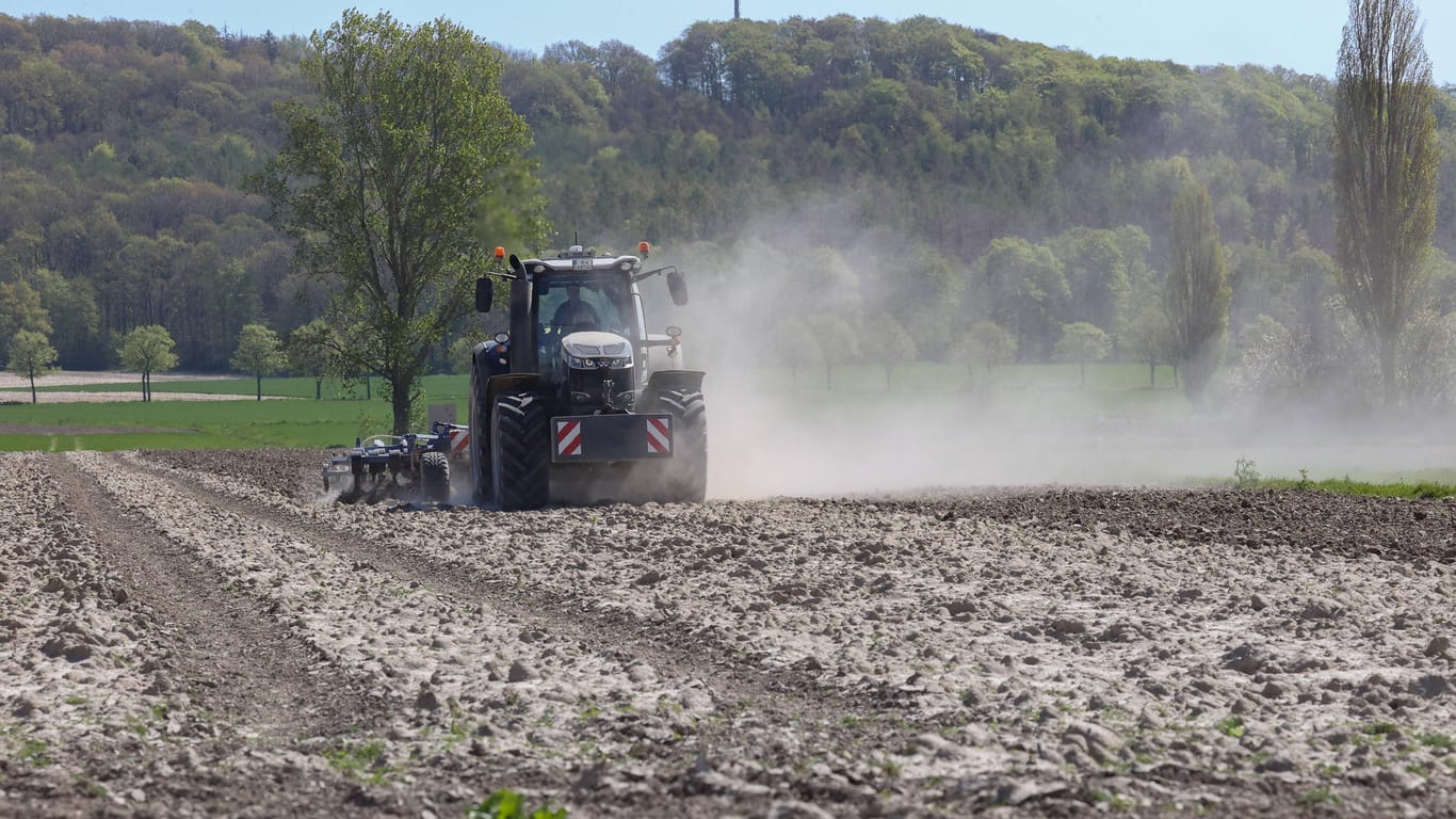 Dürre: Landwirt eggt mit einem Traktor ein staubtrockenes Feld.