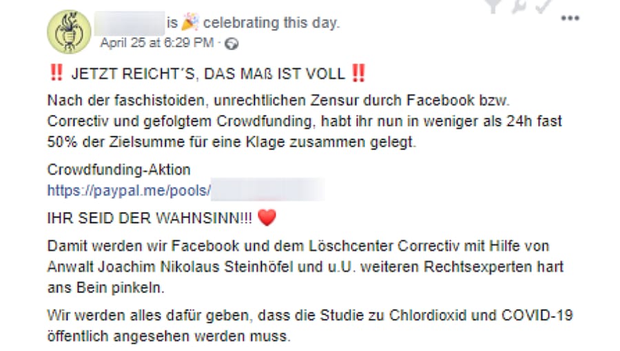 "Tag zum Feier": Auf einer Seite von Chlorbleiche-Anhängern wurden die Spenden für die Klage mit Rechtsanwalt Joachim Steinhöfel gegen Facebook gefeiert, doch der wusste von seiner Beteiligung gar nichts und will auch nichts damit zu tun haben.