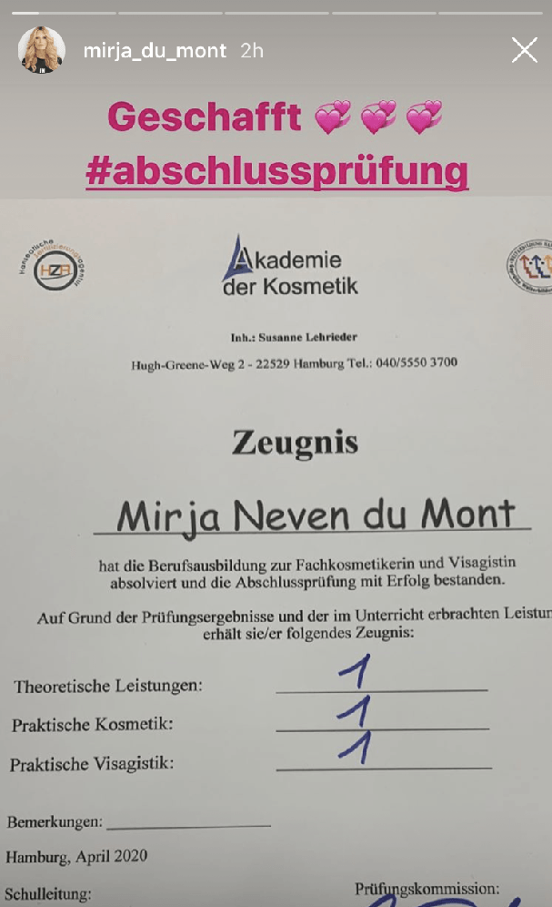 Mirja du Monts Abschlusszeugnis