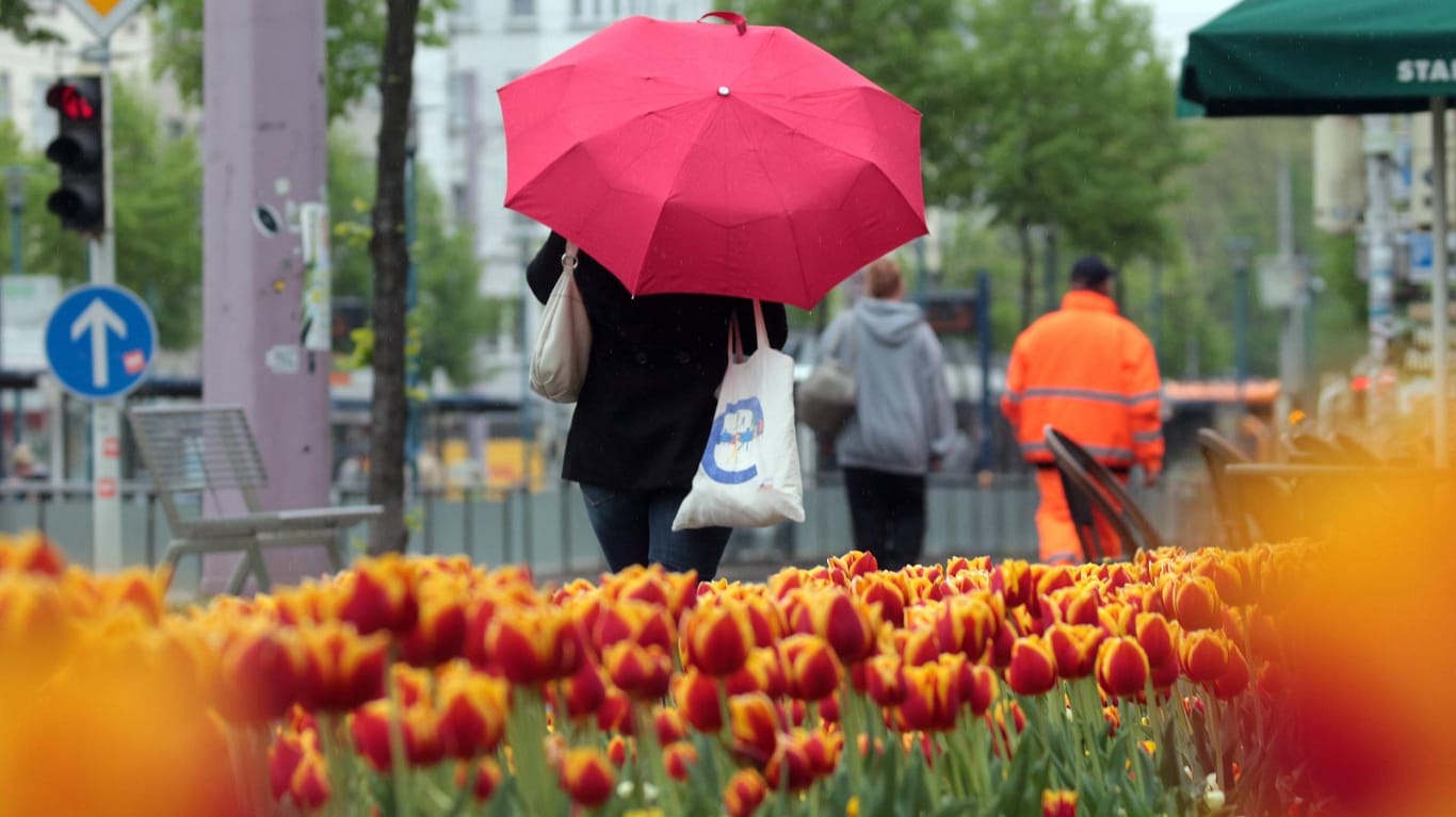 Aprilwetter: Eine Frau spaziert mit Regenschirm. (Archivbild)