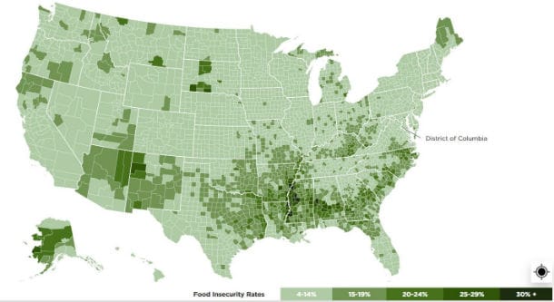 Die Karte der Organisation Feeding America zeigt die prekäre Ernährungssituation in einzelnen Distrikten in den vergangenen Jahren.