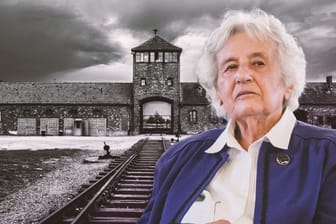 Anita Lasker-Wallfisch, Tor des ehemaligen Vernichtungslagers Auschwitz-Birkenau (Bildcollage): Die Holocaust-Überlebende warnt vor einem Erstarken des Antisemitismus in Deutschland.
