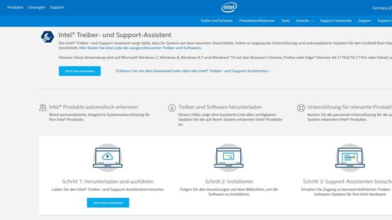 Die Website von Intel: Wer Intels Treiber- und Support-Assistenten heruntergeladen und installiert hat, muss sich fortan nicht mehr um Updates für Intel-Komponenten kümmern.