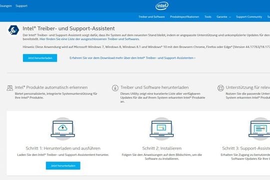 Die Website von Intel: Wer Intels Treiber- und Support-Assistenten heruntergeladen und installiert hat, muss sich fortan nicht mehr um Updates für Intel-Komponenten kümmern.