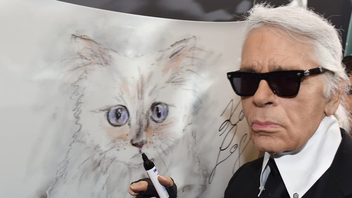 Der Modedesigner Karl Lagerfeld steht 2015 bei der Vernissage "Corsa Karl und Choupette" für seinen Fotokalender im Palazzo Italia an einer Zeichnung seiner Katze.
