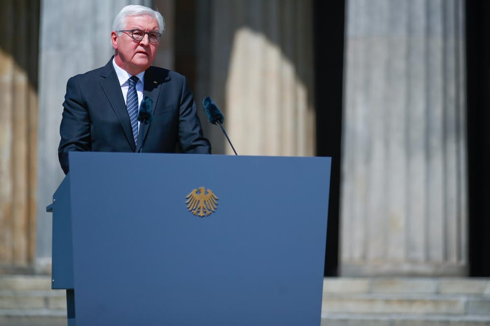 Sichtlich bewegt: Bundespräsident Steinmeier bei seiner Rede zum 75. Jahrestag des Endes des Zweiten Weltkriegs.