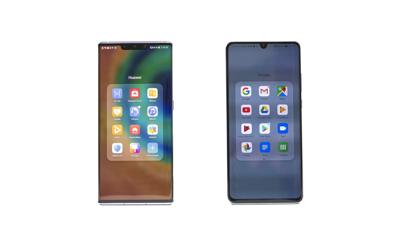 Rechts Google, links kein Google. Beim Huawei Mate 30 Pro muss man auf die bekannten Google-Apps verzichten und bekommt stattdessen für einige von ihnen Huawei-Ersatz.