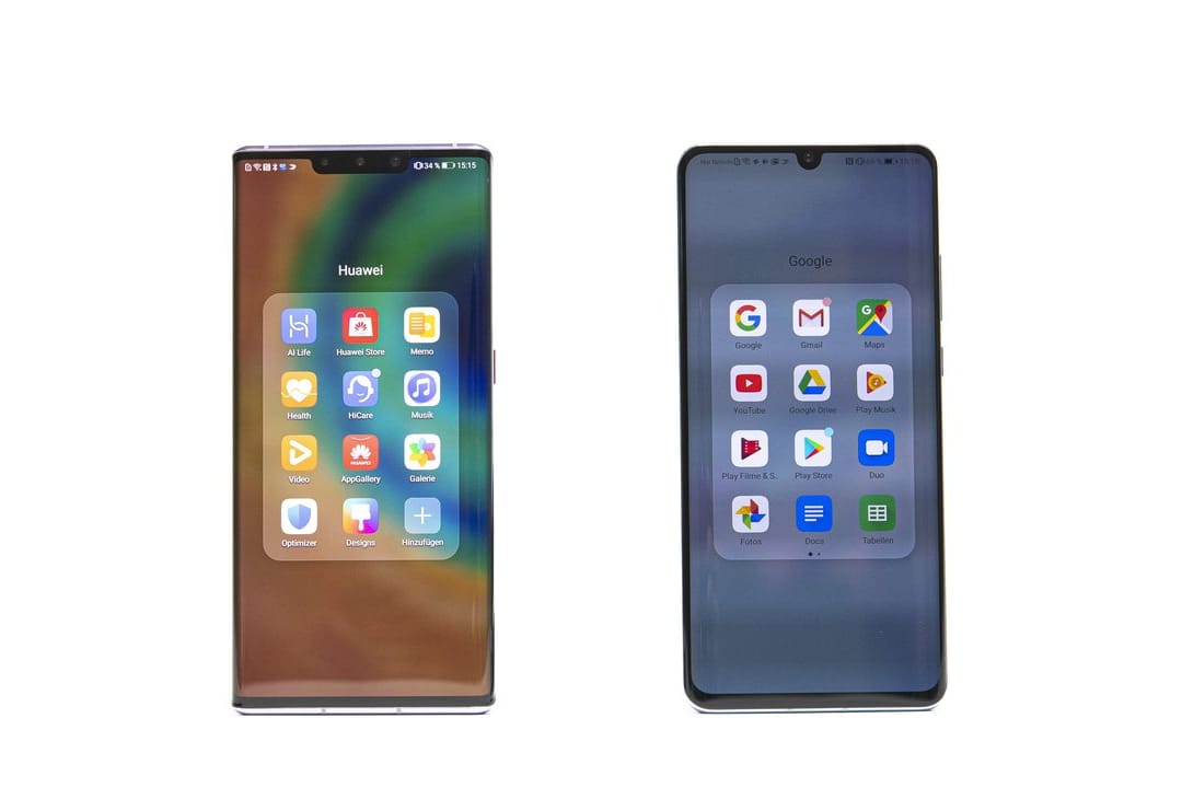 Rechts Google, links kein Google. Beim Huawei Mate 30 Pro muss man auf die bekannten Google-Apps verzichten und bekommt stattdessen für einige von ihnen Huawei-Ersatz.