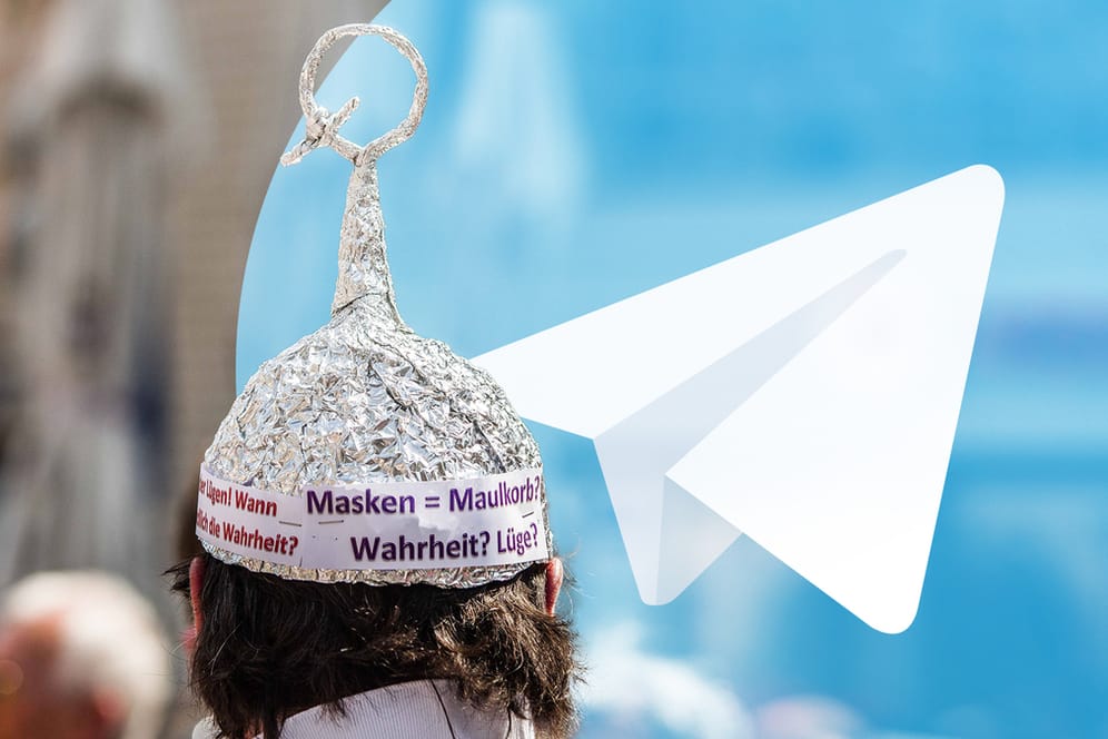 Aluhut-Träger und Telegram-Logo: Der Messengerdienst hat sich zur Lieblingsplattform der Rechtsextremen und Verschwörungstheoretiker entwickelt.