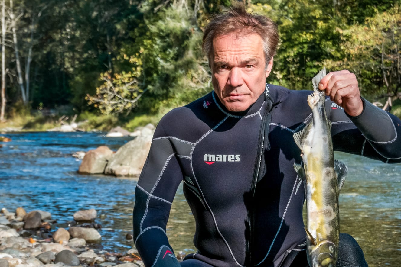 Hannes Jaenicke am Campbell River auf Vancouver Island in Kanada mit einem toten Lachs: Immer mehr Buckellachse sterben hier bevor sie ihre Laichgründe erreichen können.