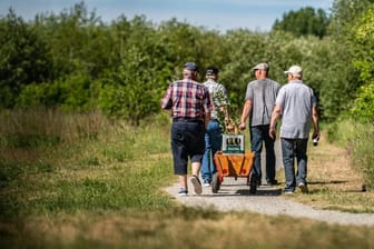 Traditionalisten: Vier Männer gehen am Vatertag mit einem Bollerwagen, auf dem zwei Kisten Bier stehen, an der Ems in Warendorf entlang.