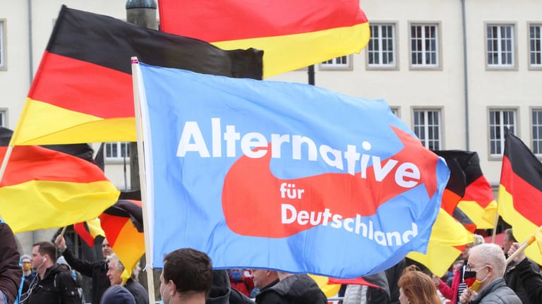 AfD-Fahne auf Anti-Corona-Demo (Symbolfoto): Stuttgarter Behörden haben eine solche Versammlung verboten.
