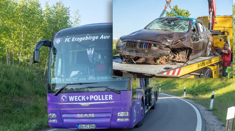 Der Bus (l.) von Erzgebirge Aue bekam Trümmerteile von einem verunfallten BMW (rechts) ab.
