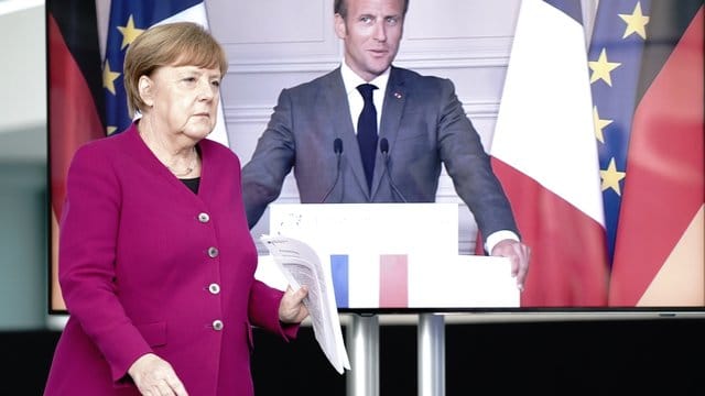 Bundeskanzlerin Angela Merkel (CDU) und Frankreichs Präsident Emmanuel Macron während ihrer Pressekonferenz am vergangenen Montag. Bundeskanzlerin Angela Merkel (CDU) und Frankreichs Präsident Emmanuel Macron während ihrer Pressekonferenz am vergangenen Montag.
