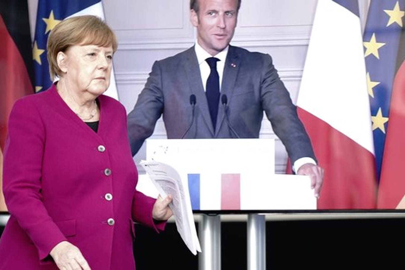 Bundeskanzlerin Angela Merkel (CDU) und Frankreichs Präsident Emmanuel Macron während ihrer Pressekonferenz am vergangenen Montag.