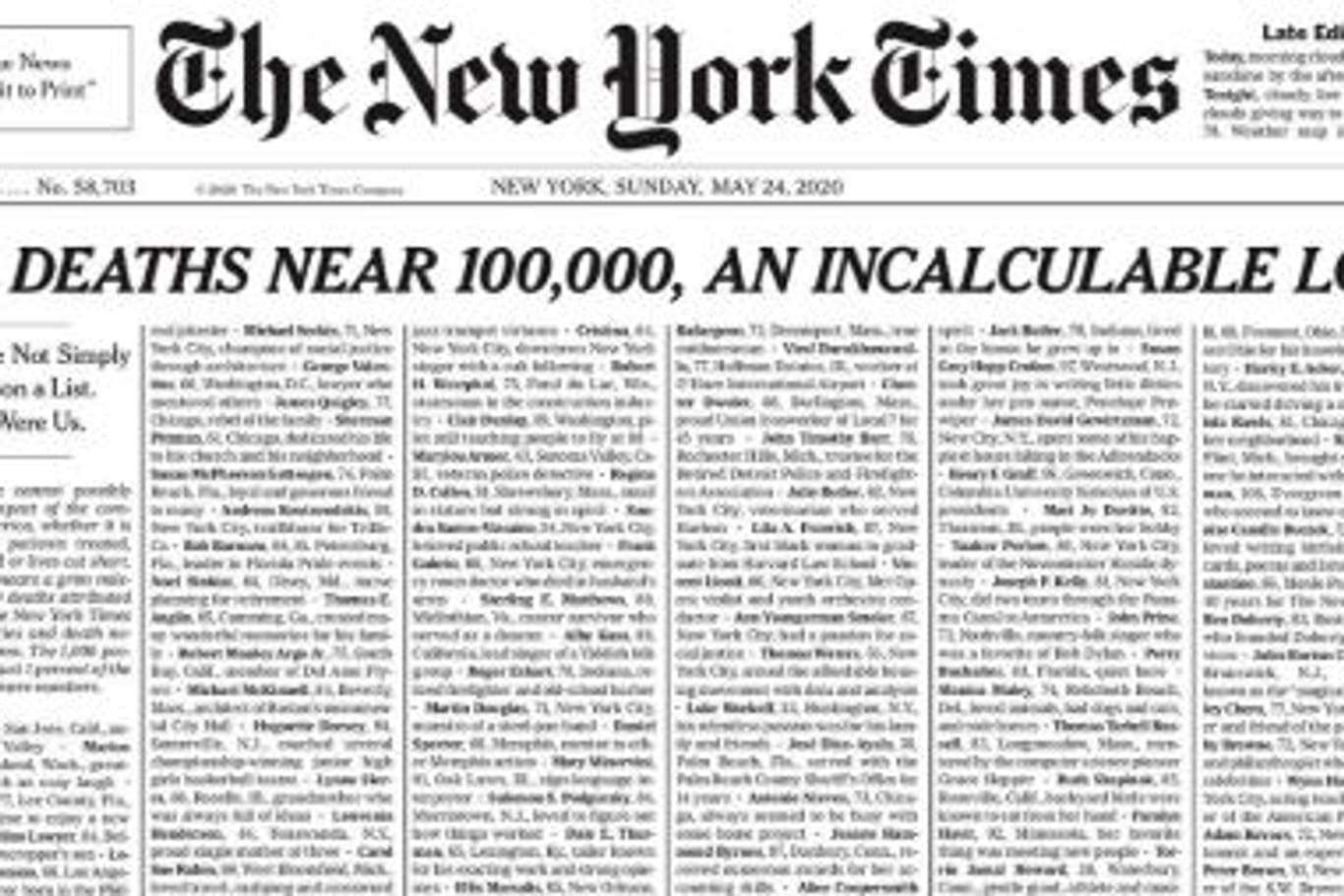 Die Titelseite der "New York Times": 1.000 Opfer der Corona-Pandemie sind dort aufgelistet.