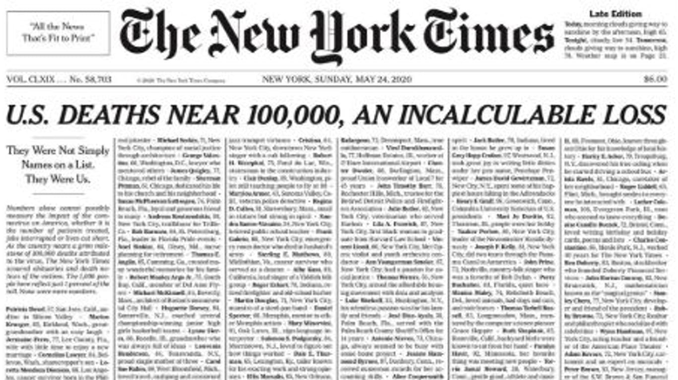 Die Titelseite der "New York Times": 1.000 Opfer der Corona-Pandemie sind dort aufgelistet.
