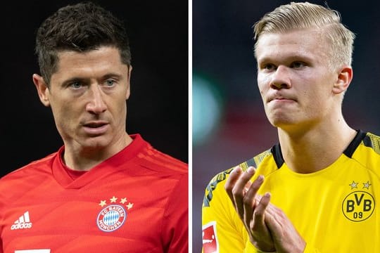 Bayern Münchens Robert Lewandowski (l) und Erling Haaland von Borussia Dortmund treffen am Dienstag aufeinander.