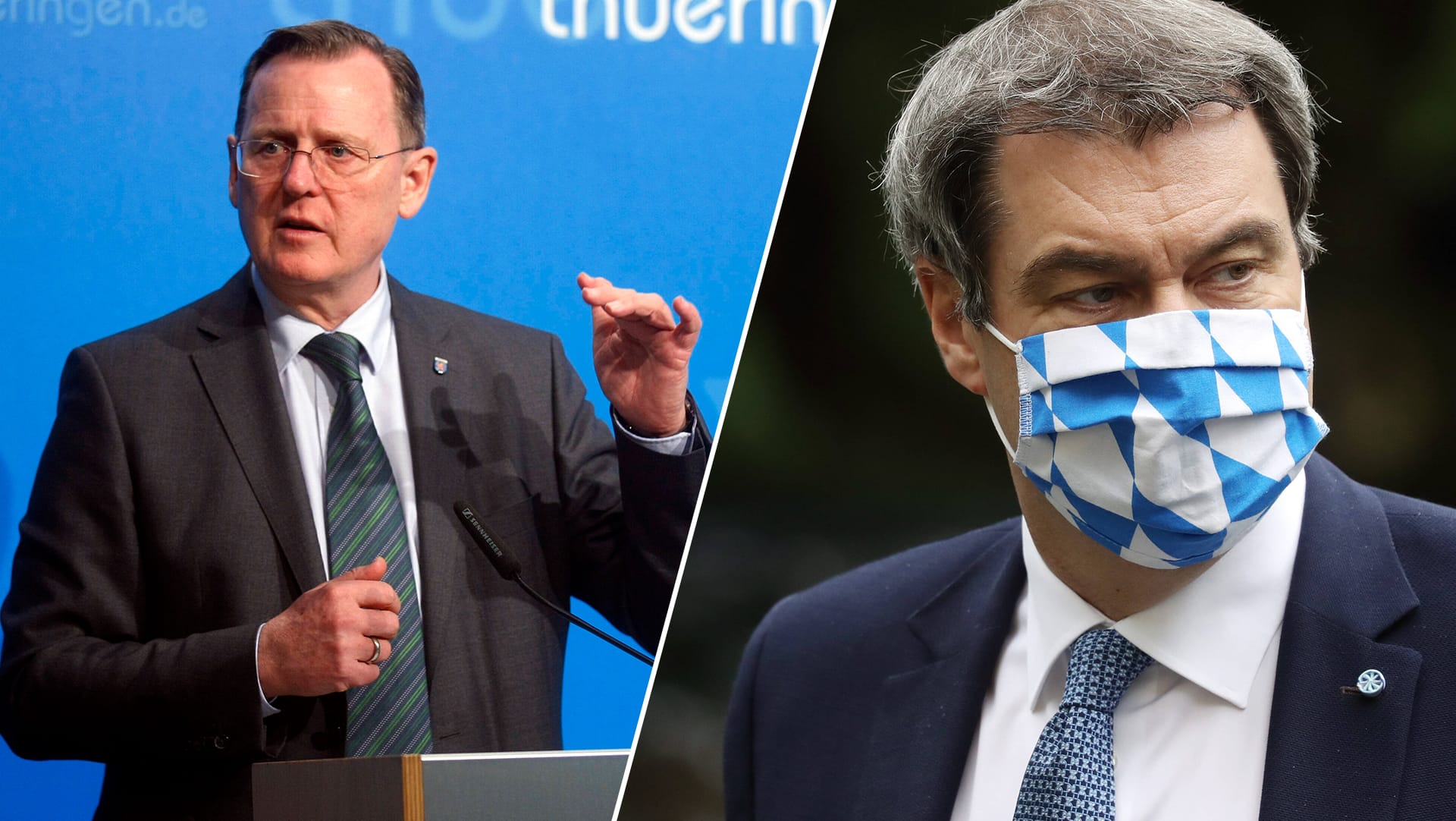 Bodo Ramelow (l) und Markus Söder (r): Die Ministerpräsidenten werden sich bei den Corona-Beschränkungen nicht einig. Bodo Ramelow (l) und Markus Söder (r): Die Ministerpräsidenten werden sich bei den Corona-Beschränkungen nicht einig.
