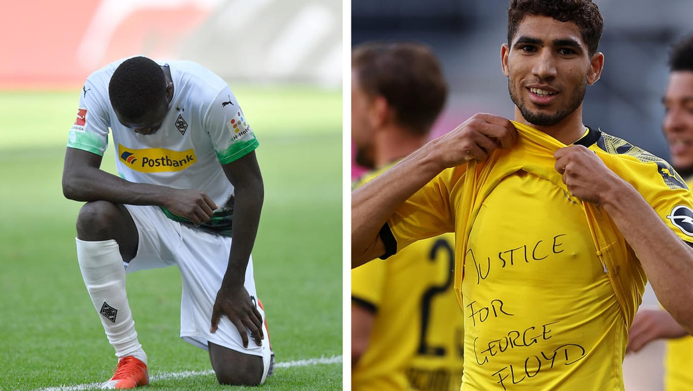 Marcus Thuram (l) und Achraf Hakimi (r): Die Sportler protestieren gegen Polizeigewalt und Rassismus in den USA – während Fußballspielen.