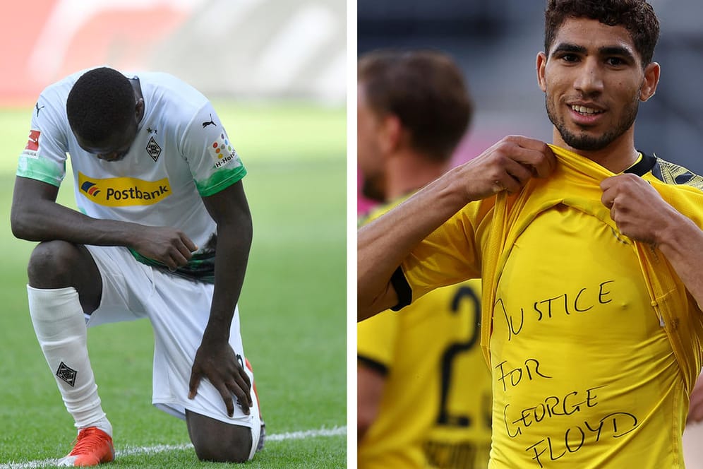 Marcus Thuram (l) und Achraf Hakimi (r): Die Sportler protestieren gegen Polizeigewalt und Rassismus in den USA – während Fußballspielen.