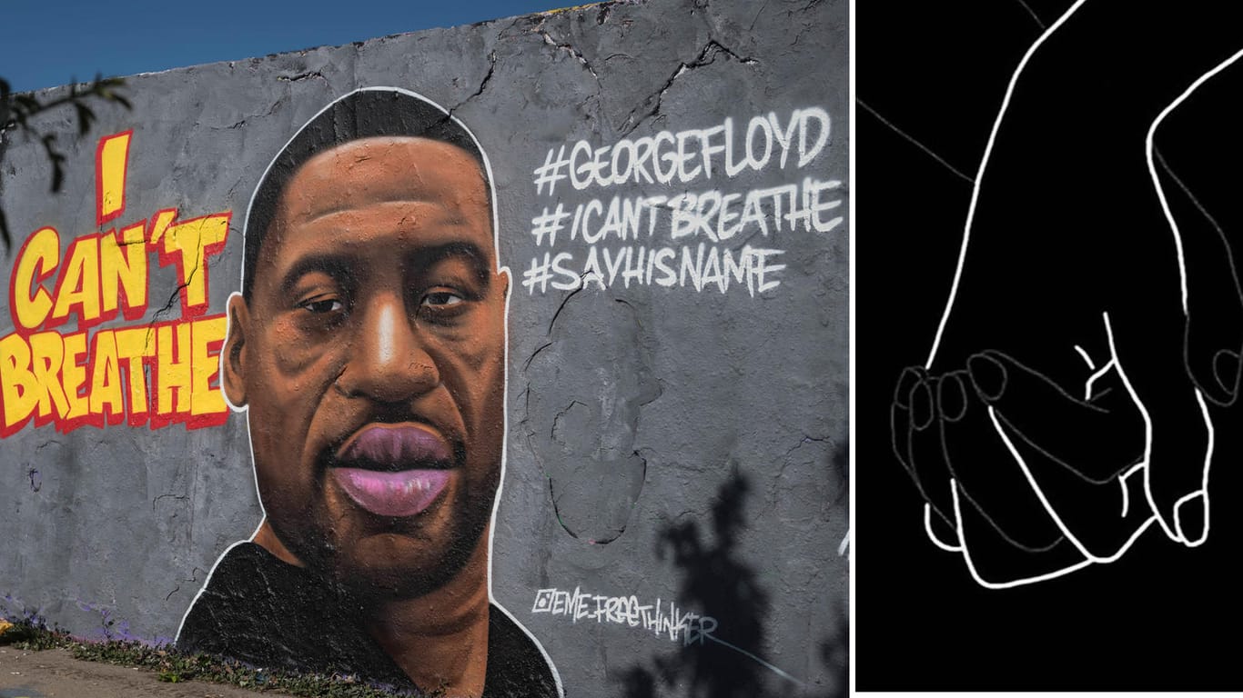 Ein Wandbild von George Floyd im Mauerpark in Berlin und ein Screenshot eines Solidaritätsbildes auf Instagram. Unter #BlackoutTuesday zeigen Instagram-User eine klare Message.