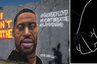 Ein Wandbild von George Floyd im Mauerpark in Berlin und ein Screenshot eines Solidaritätsbildes auf Instagram. Unter #BlackoutTuesday zeigen Instagram-User eine klare Message.