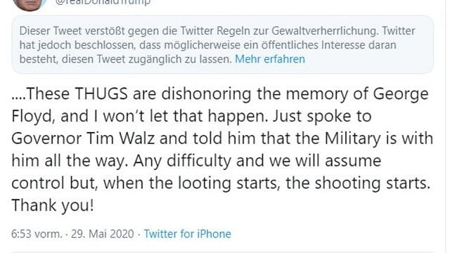 Twitter hat noch einen weiteren Tweet von Donald Trump mit einem Warnhinweis versehen. Twitter hat noch einen weiteren Tweet von Donald Trump mit einem Warnhinweis versehen.