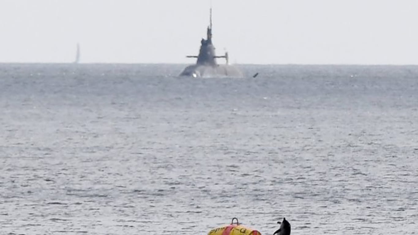 Ein Tümmler springt aus der Ostsee, im Hintergrund ein deutsches Uboot: Auch die USA, Großbritannien und Kanada stellen Marine-Kontingente für das "Baltops"-Manöver.